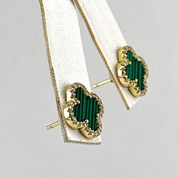18K Gold Plated over 925 Solid Sterling Silver Clover Malachite Earrings - Picture 3 of 7